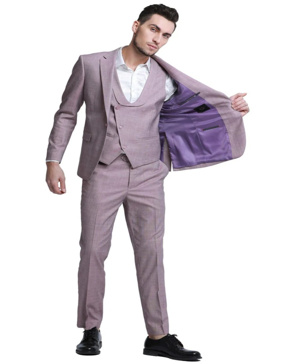 Rose Pink Sharkskin Double Breasted Vest Suit