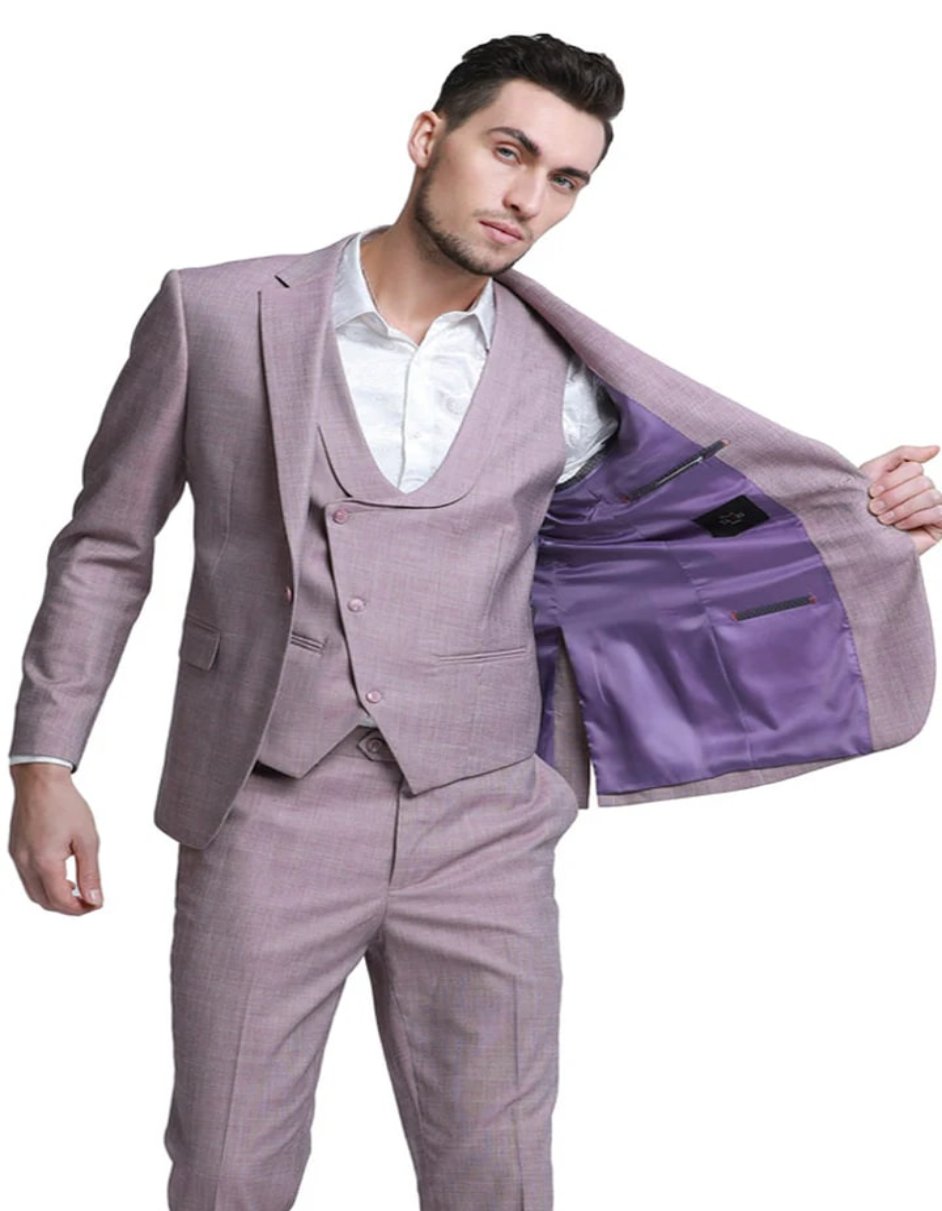 Rose Pink Sharkskin Double Breasted Vest Suit