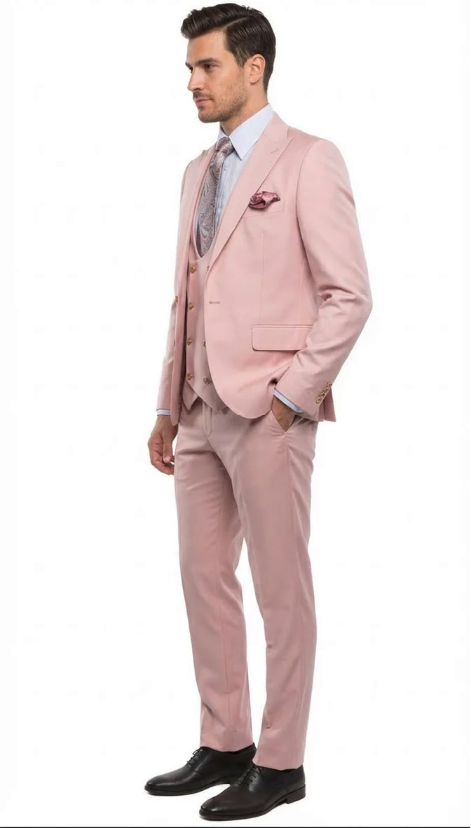 Rossiman Slim Fit Pink Suit with Vest & Pants