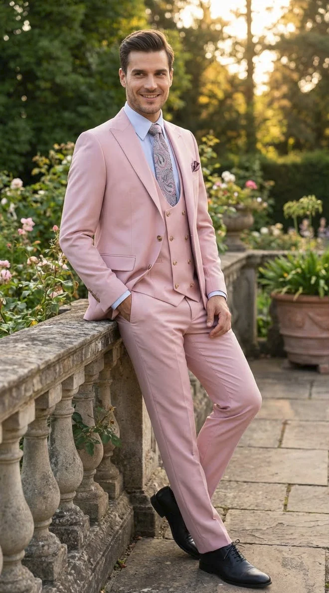 Rossiman Slim Fit Pink Suit with Vest & Pants