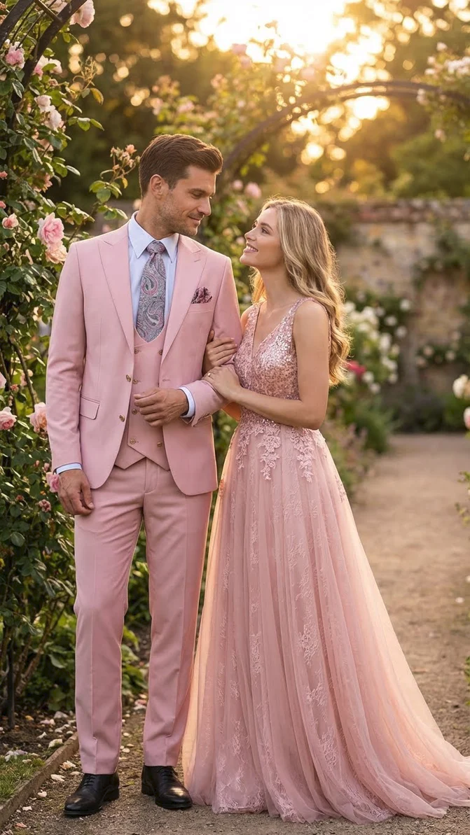 Rossiman Slim Fit Pink Suit with Vest & Pants