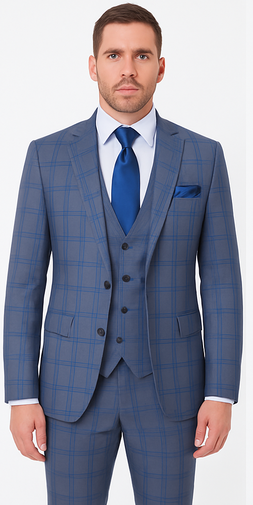 Rossi Man MAX RM1823 Blue Plaid Slim 3-Piece Suit