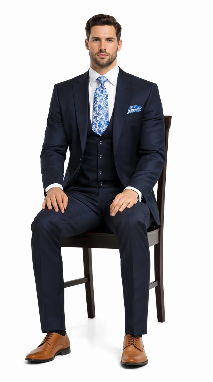 Rossiman Blue Slim-Fit Vested Suit for Men