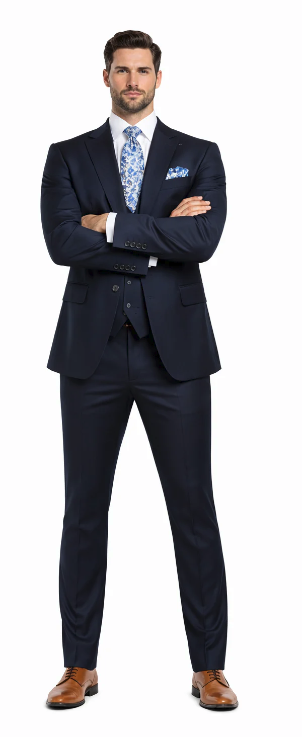 Rossiman Blue Slim-Fit Vested Suit for Men