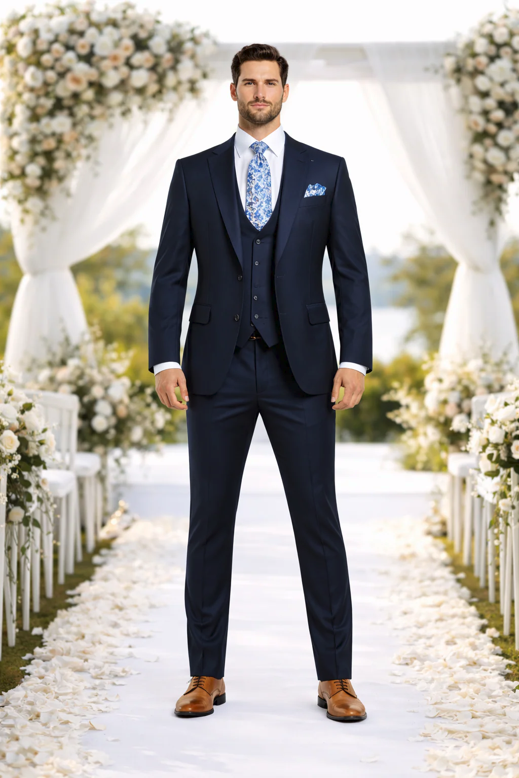 Rossiman Blue Slim-Fit Vested Suit for Men