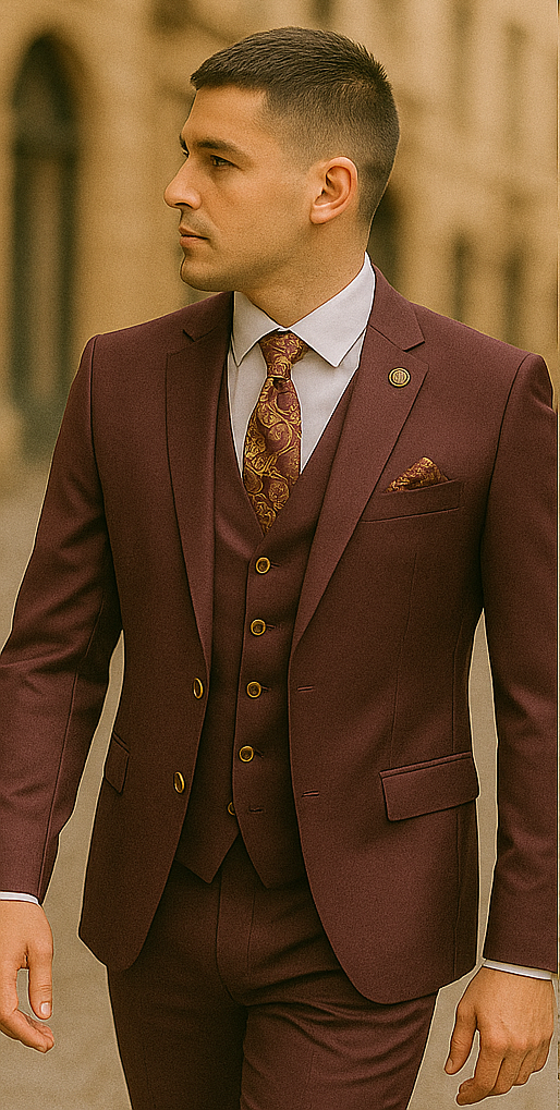 Rossiman Men's Burgundy Peak Lapel Suit