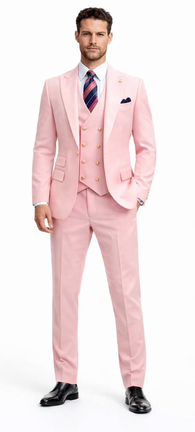 Rossiman Menβs Pink Suit | 1-Button Peak Lapel Jacket & Double-Breasted Vest β Italian Tailored 3-Piece Luxury Suit