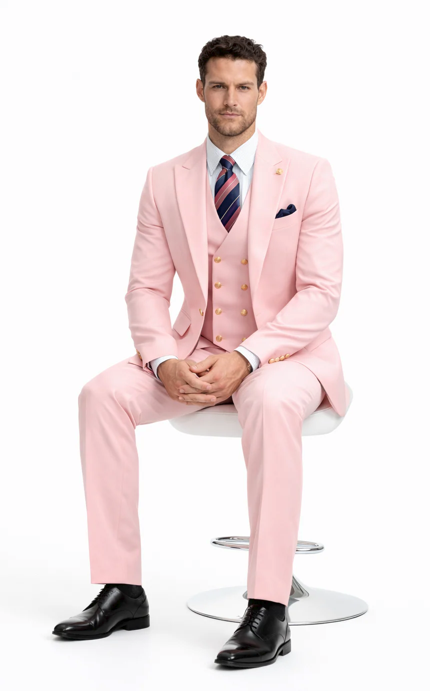 Rossiman Men’s Pink Suit | 1-Button Peak Lapel Jacket & Double-Breasted Vest – Italian Tailored 3-Piece Luxury Suit