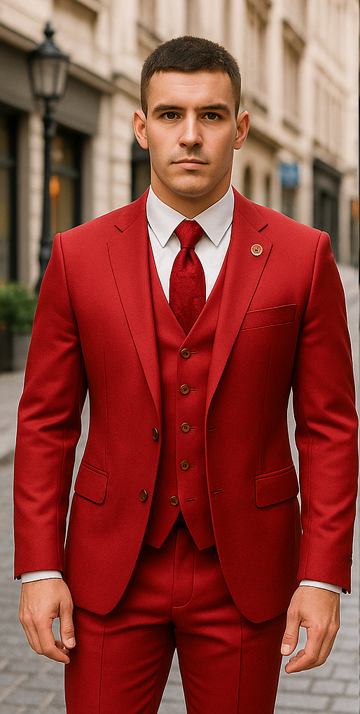 Rossiman Men's Red Suit 1-Button Peak Lapel Jacket & Vest