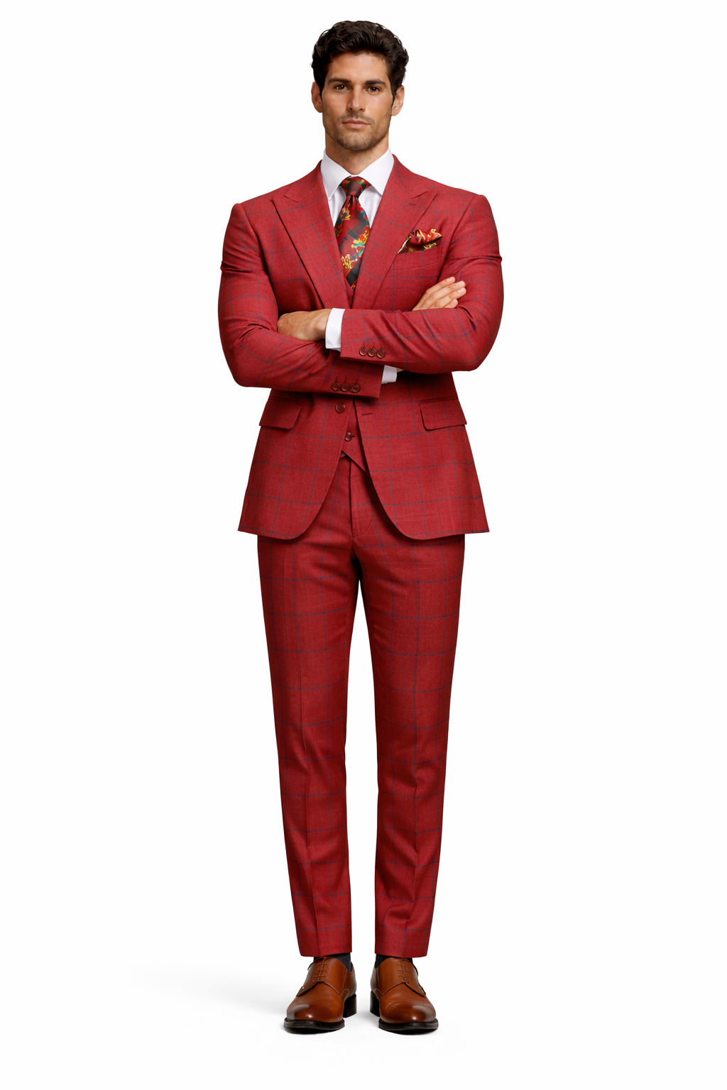 Rossiman Red & Blue Windowpane Double-Breasted Suit
