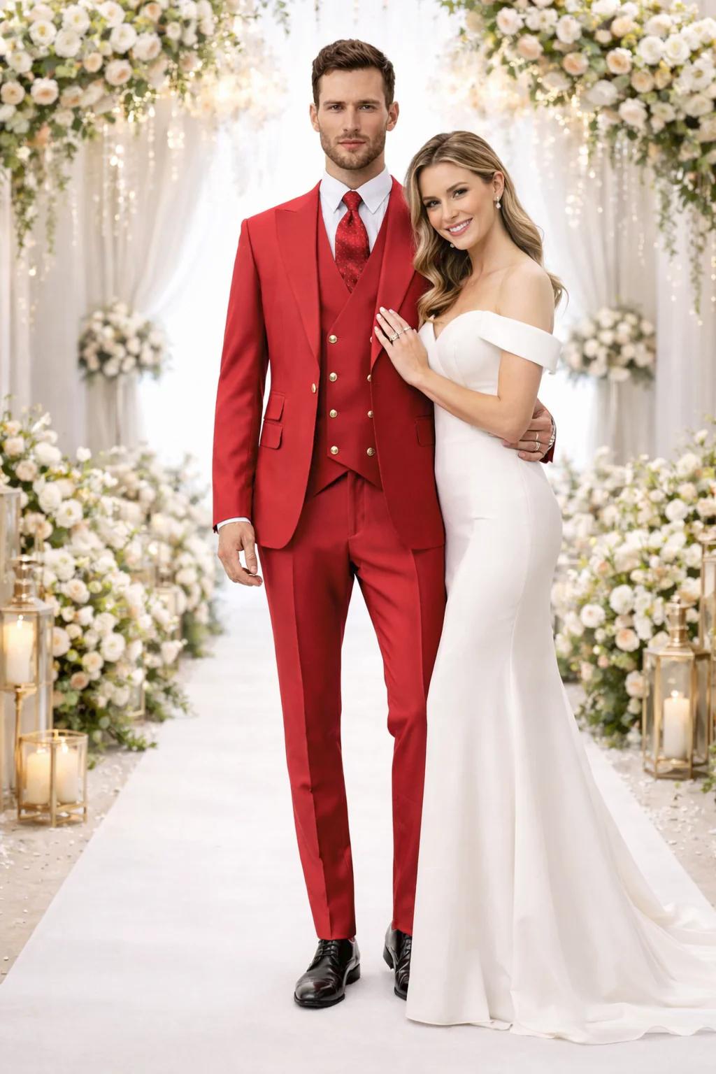 Rossiman Men’s Red Suit | Stylish 1-Button Peak Lapel Jacket & Double-Breasted Vest – Italian Tailored Luxury 3-Piece Suit