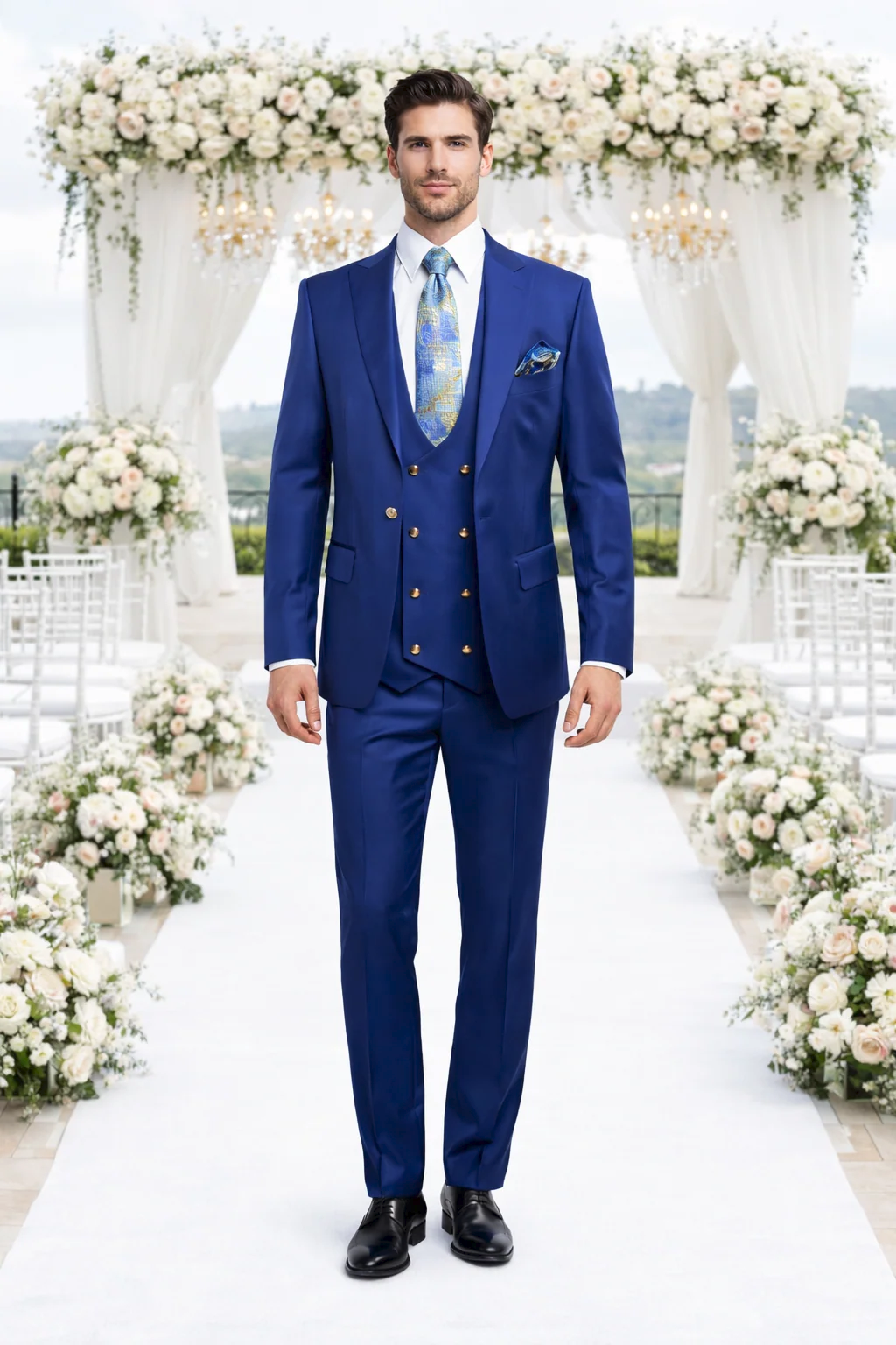 Rossiman Men’s Royal Blue Slim Fit Suit | Sophisticated Double-Breasted Design – Italian Tailored 3-Piece Luxury Suit