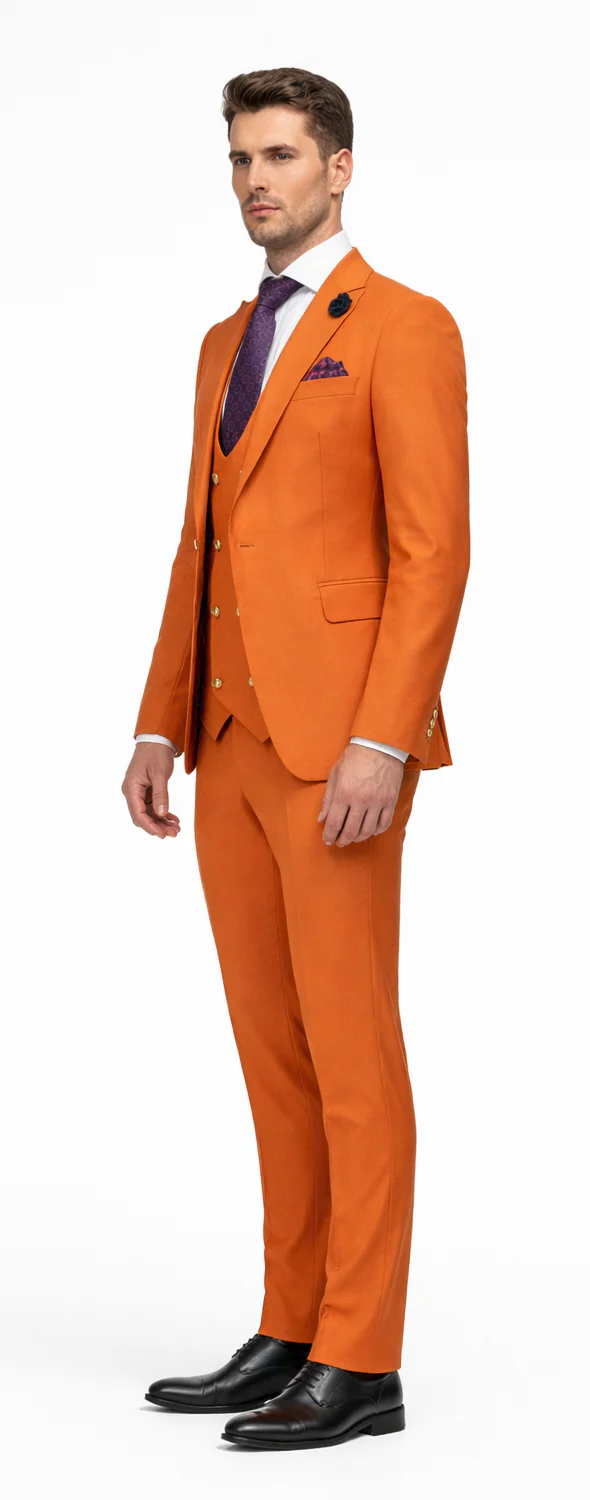 Rossiman Men’s Rust Slim Fit Suit | 3-Piece Set with Double-Breasted Vest & Flat Front Pants – Italian Tailored Luxury