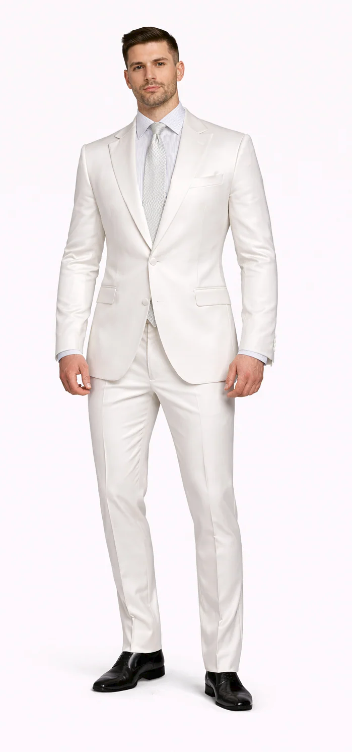Rossiman White Sateen Suit-Shiny Finish, Sleek Cut