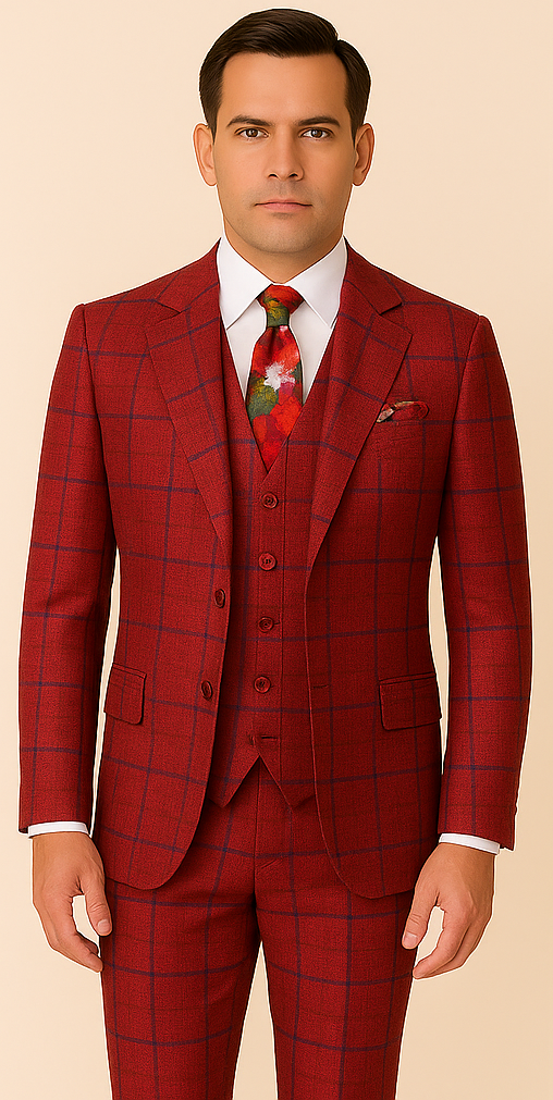 Rossiman Red & Blue Windowpane Double-Breasted Suit