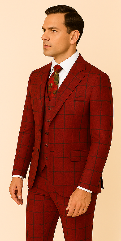 Rossiman Red & Blue Windowpane Double-Breasted Suit