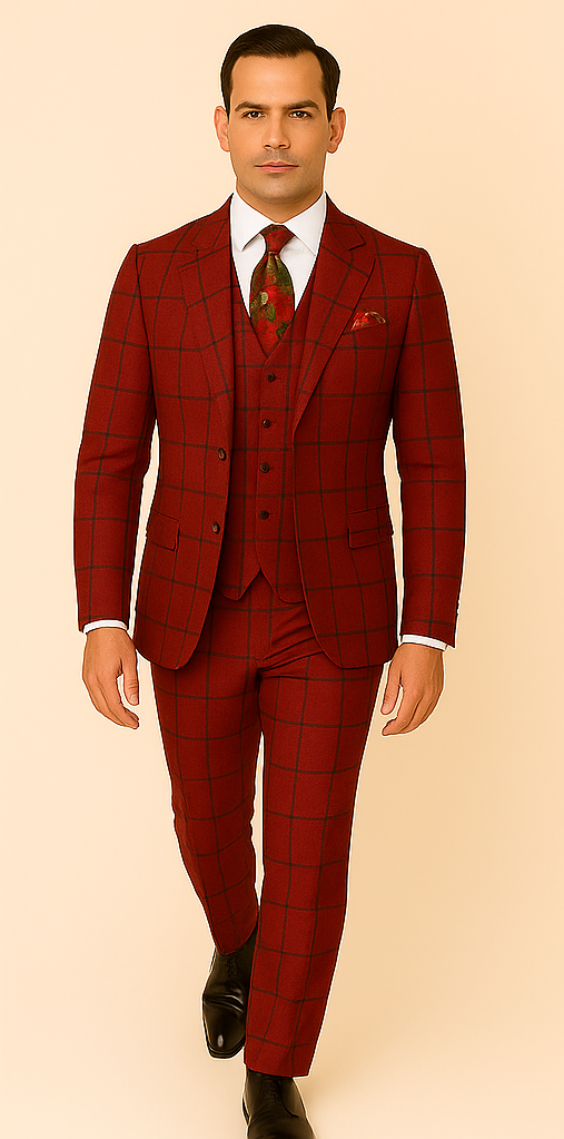 Rossiman Red & Blue Windowpane Double-Breasted Suit