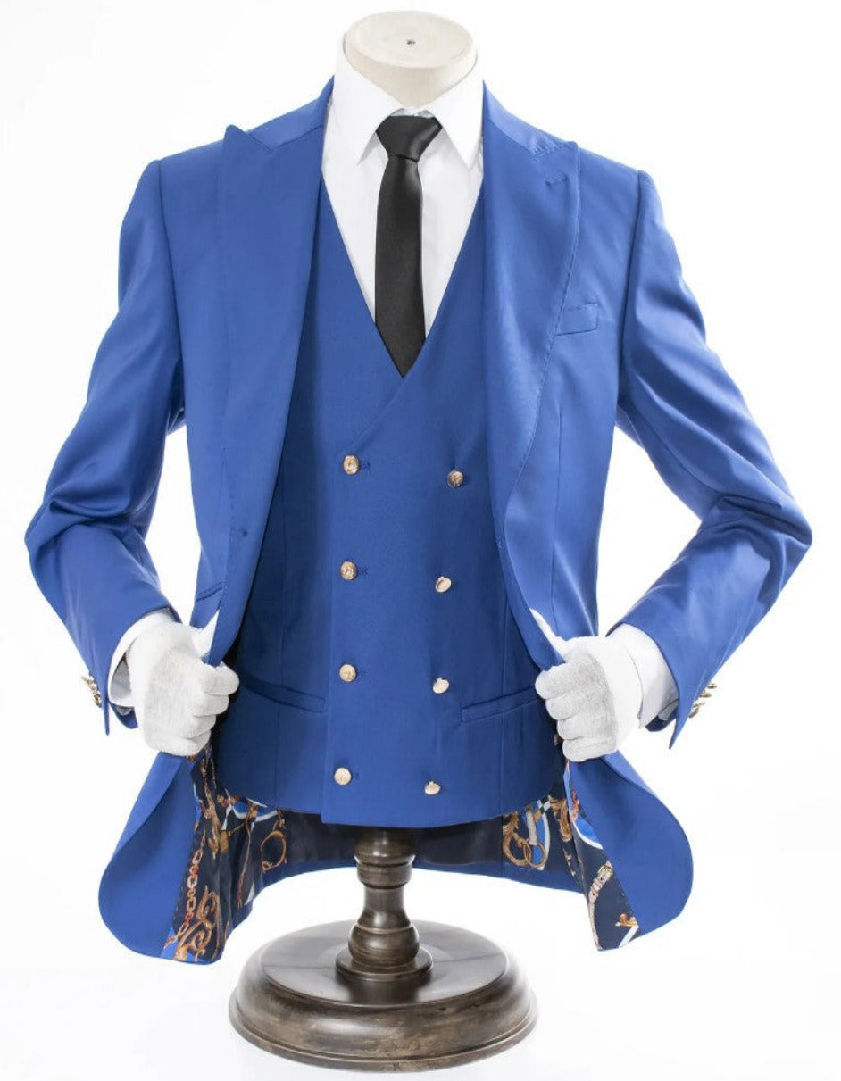 Royal Blue Slim-Fit Suit 3-Piece Set, Gold Buttons