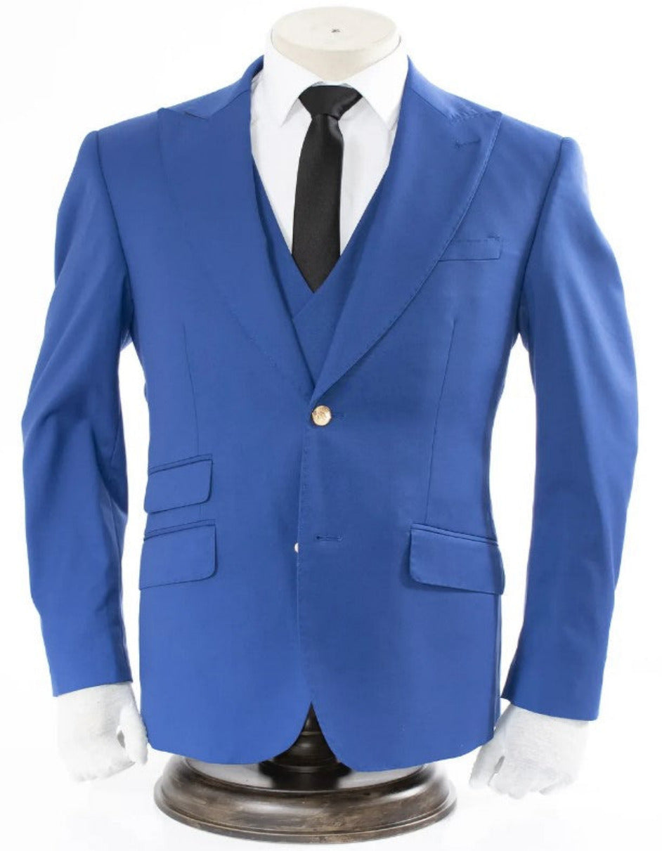 Royal Blue Slim-Fit Suit 3-Piece Set, Gold Buttons