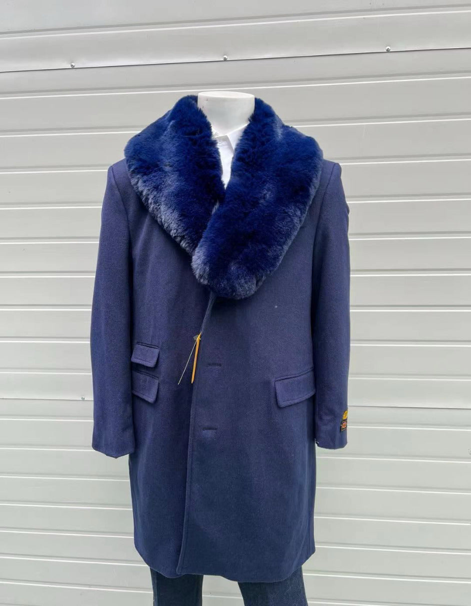 Navy Wool Overcoat with Royal Blue Fur Collar