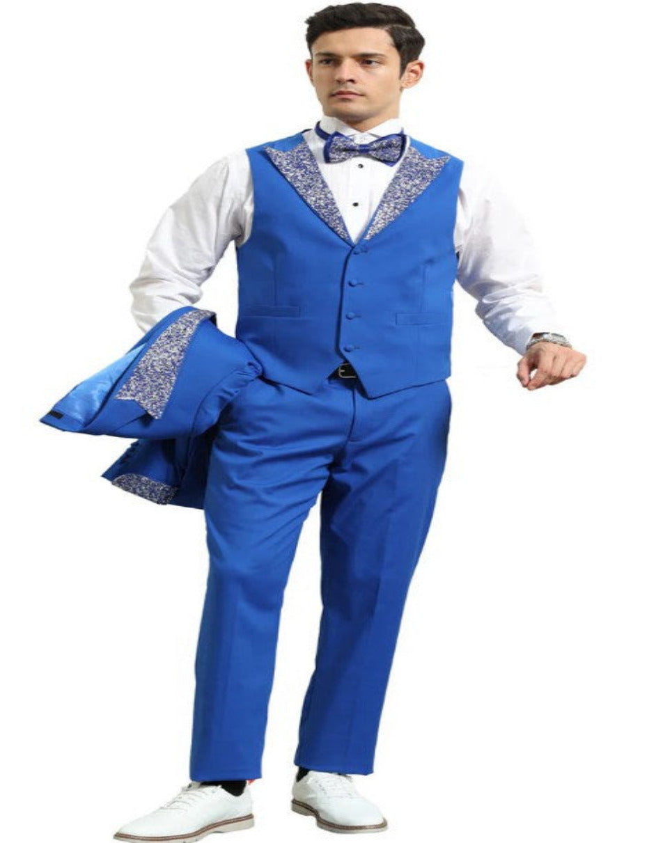 Royal and White Vested Rhinestone Lapel Tuxedo