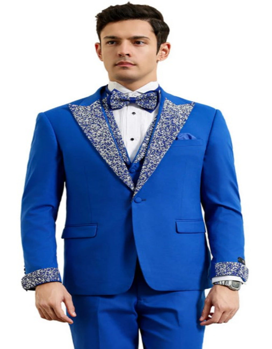 Royal and White Vested Rhinestone sequin Lapel Tuxedo
