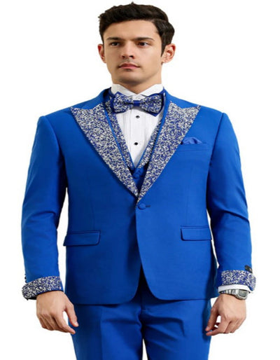 Royal and White Vested Rhinestone sequin Lapel Tuxedo