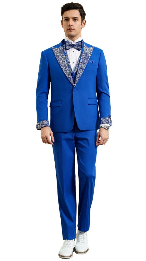 Royal and White Vested Rhinestone sequin Lapel Tuxedo