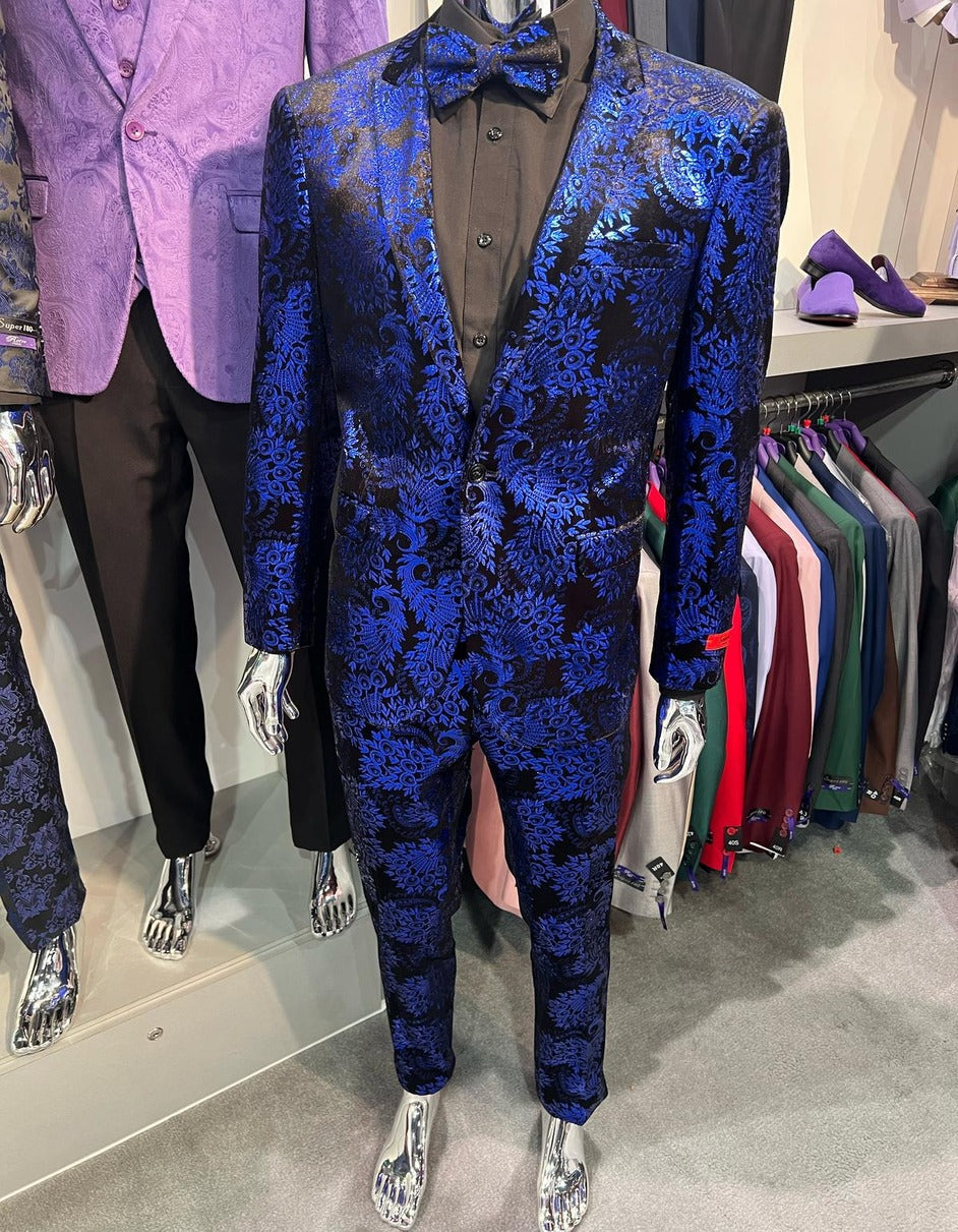 Royal Blue & Black Floral Tuxedo-Slim Fit 2pc Outfit