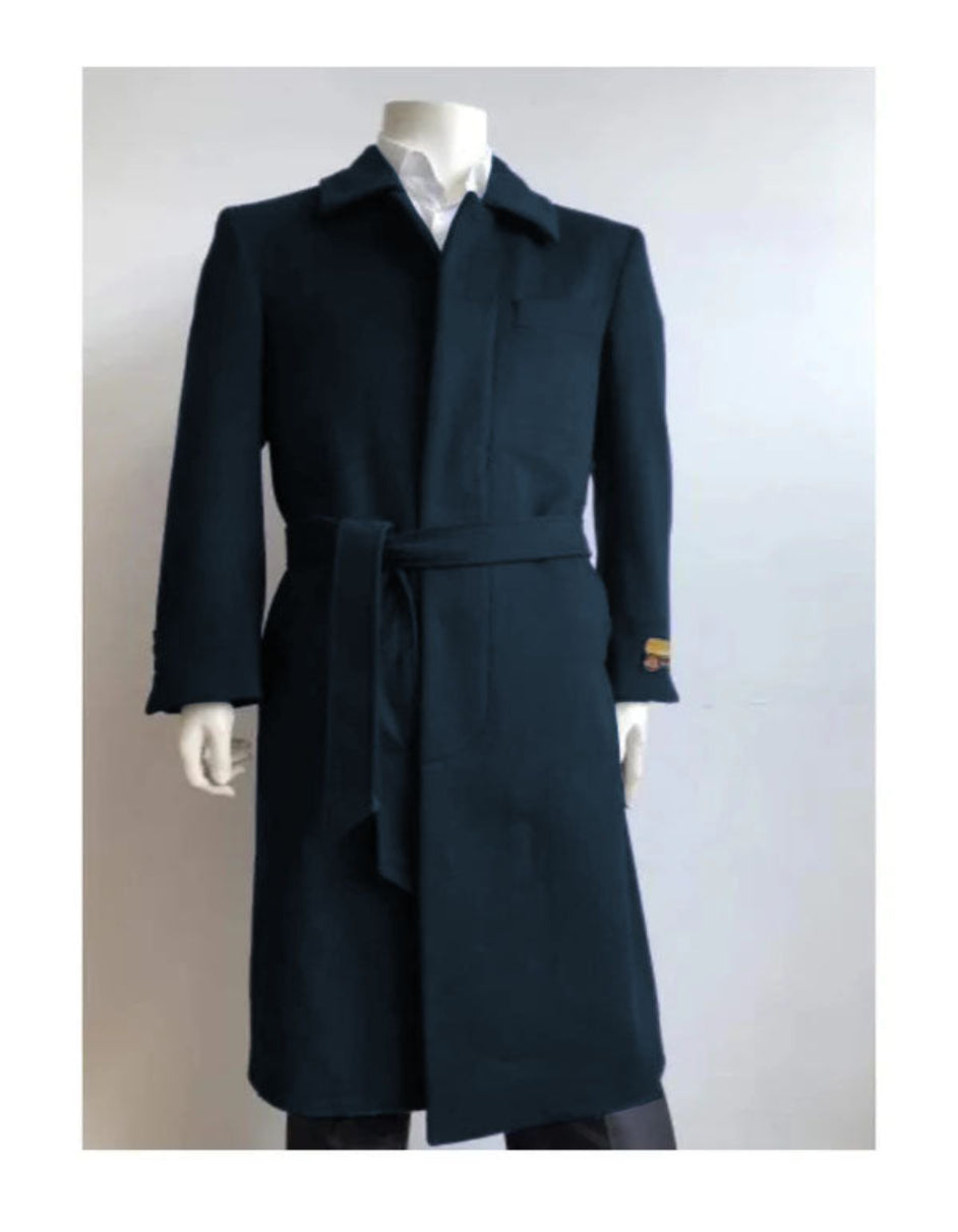 Navy Wool Gabardine Belted Duster Overcoat