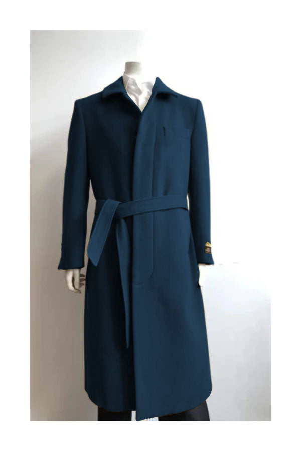 Navy Wool Gabardine Belted Duster Overcoat