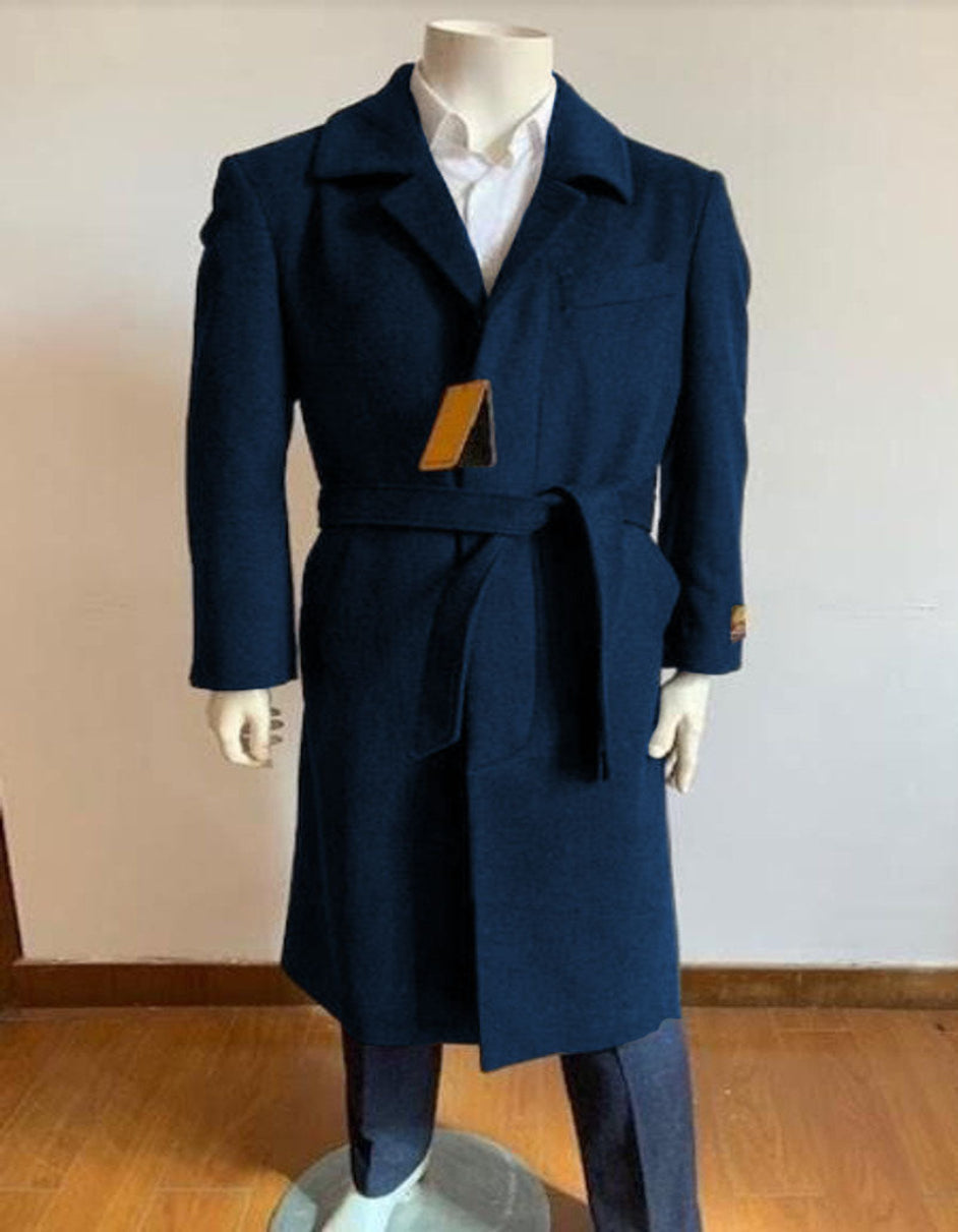 Navy Wool Gabardine Belted Duster Overcoat