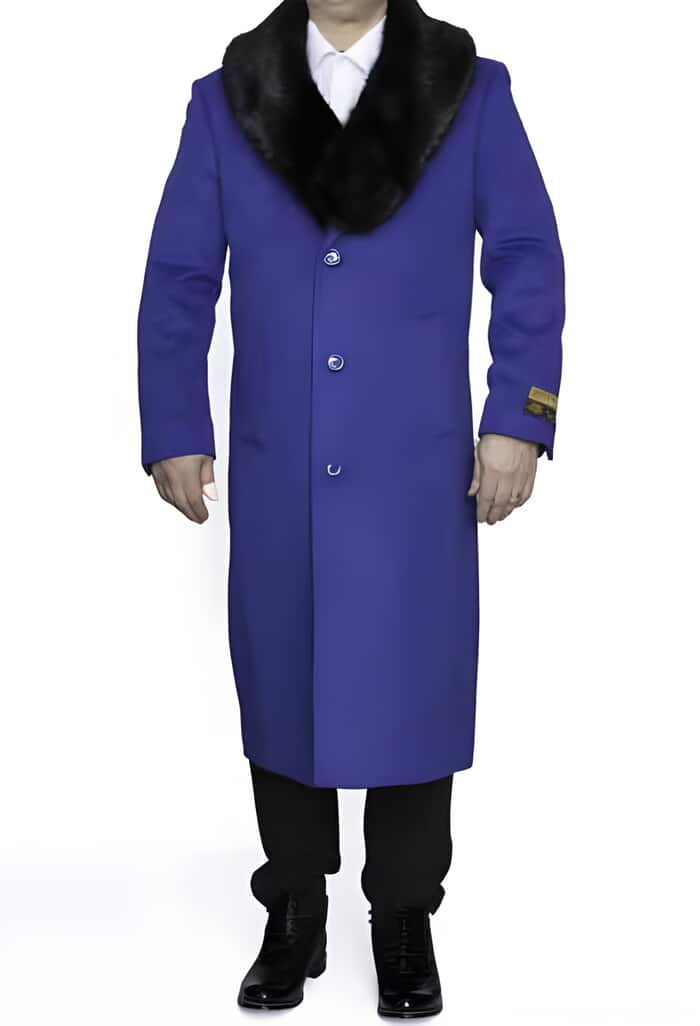 Royal Blue Full Length Wool Overcoat with Fur Collar