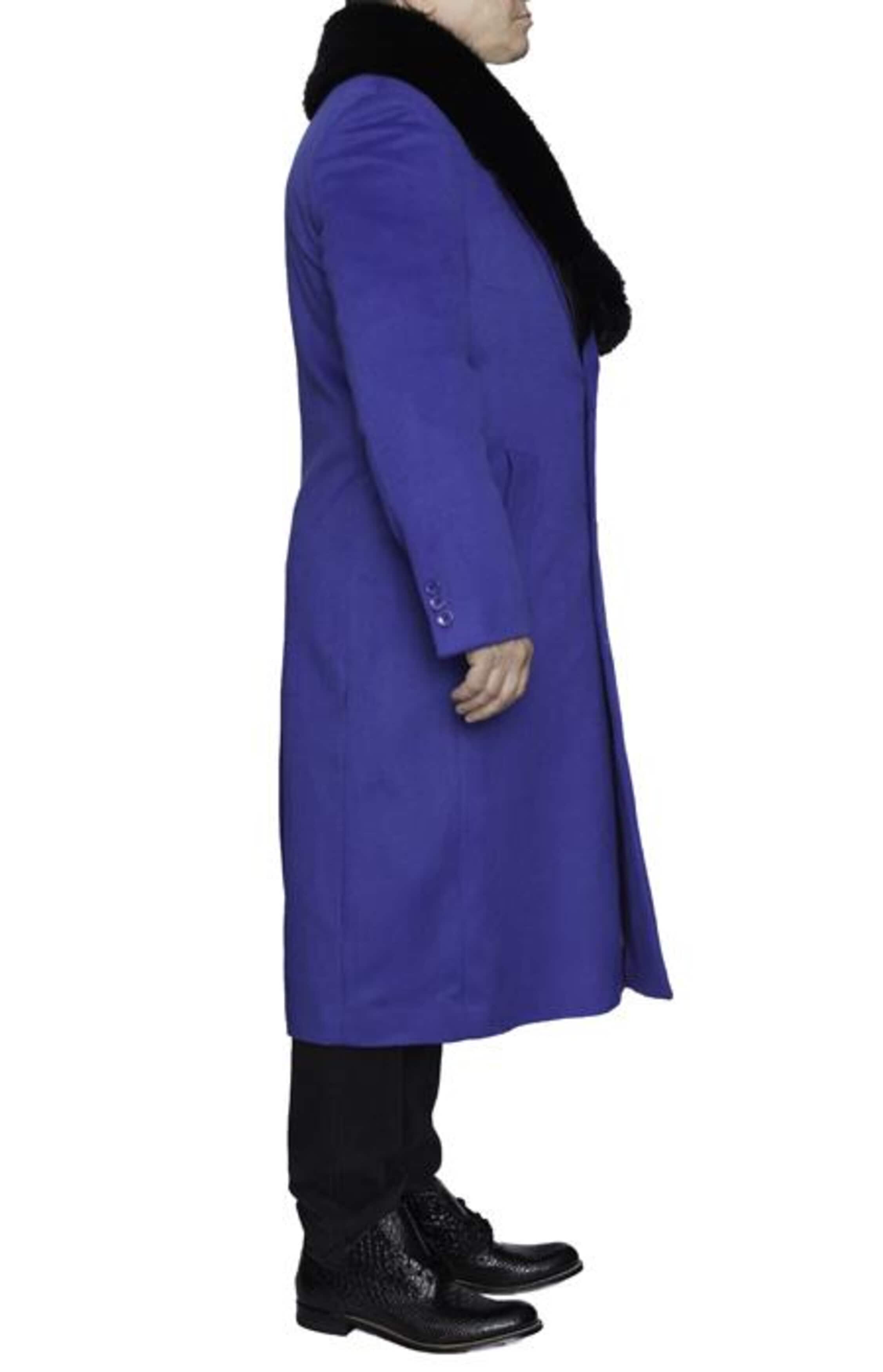 Royal Blue Full Length Wool Overcoat with Fur Collar