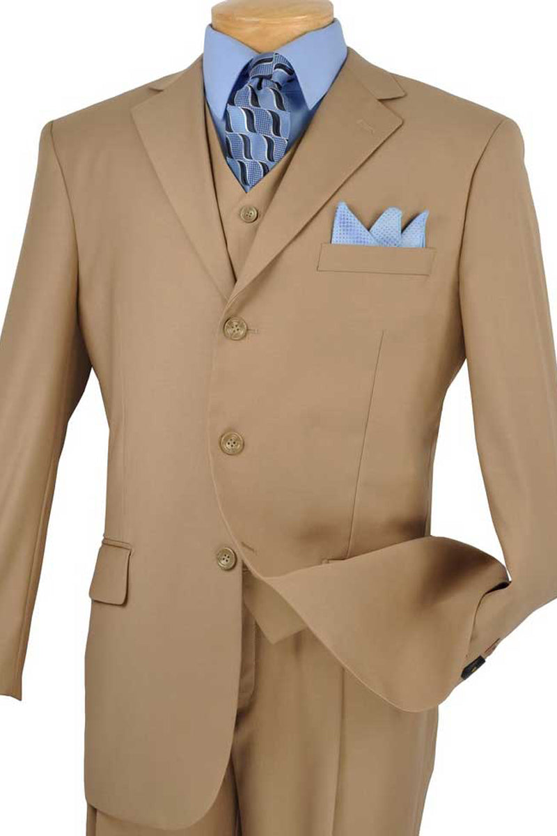 Men's 3-Button Khaki Vested Wool-Feel Suit