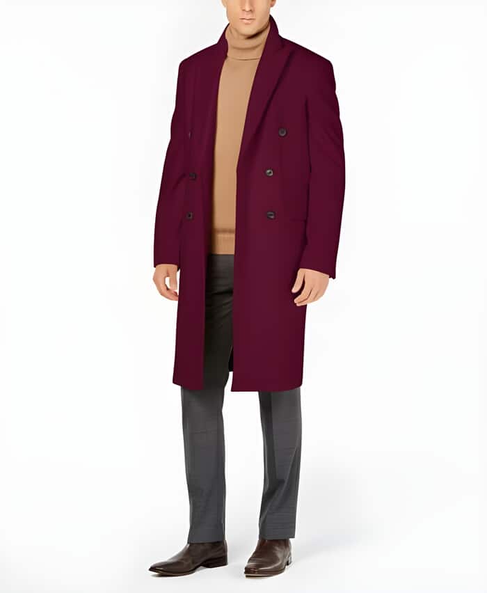 Men's Burgundy Double Breasted Wool Overcoat