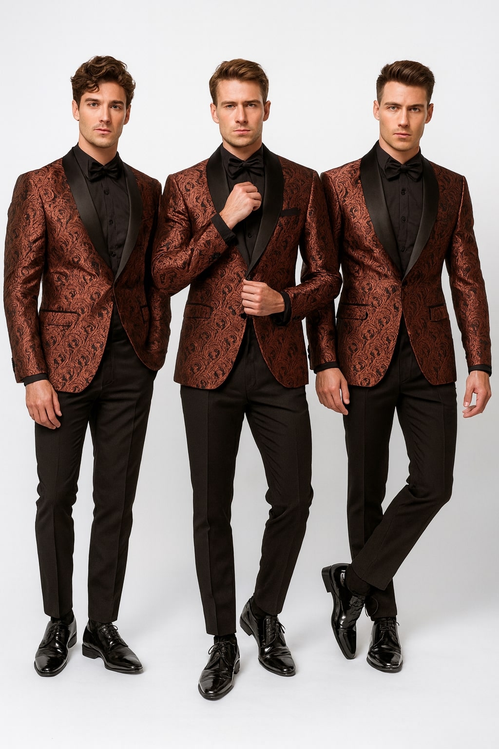 Mens Rust Copper Brick Color Paisley Tuxedo Jacket Dinner and Wedding Blazer With Black Pants Matching Bowtie