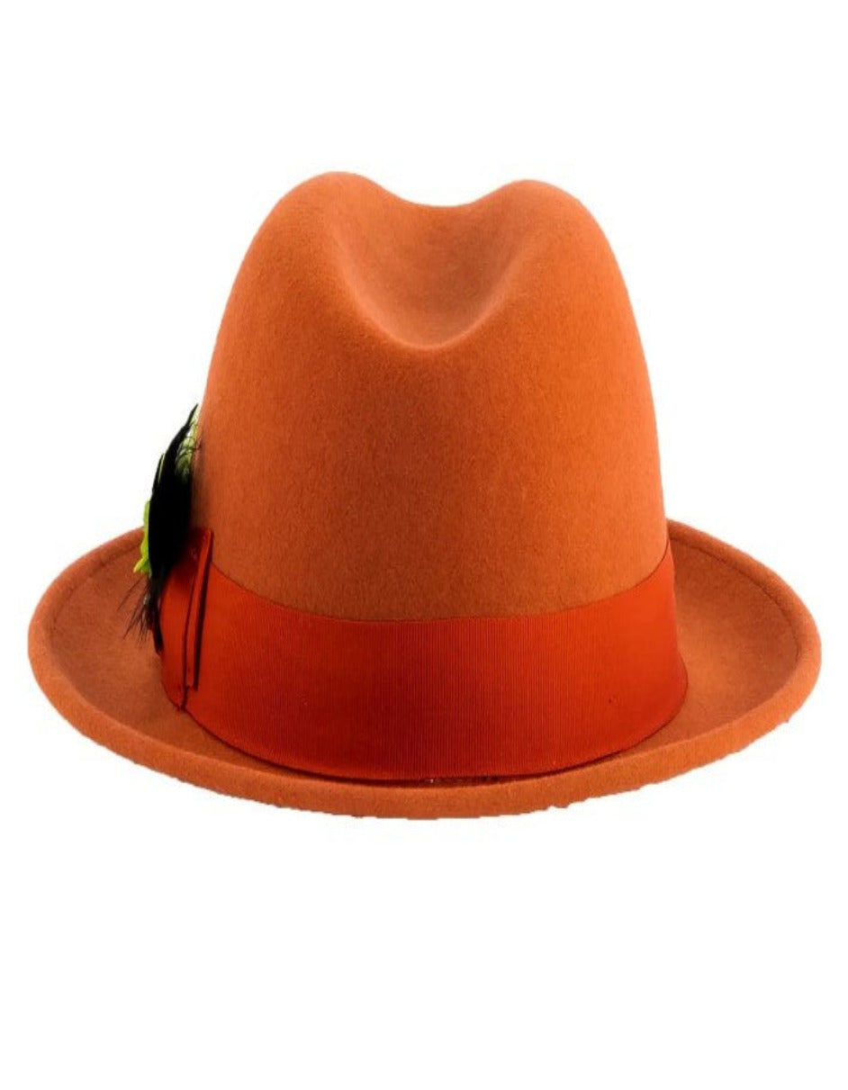 1920s Rust Fedora – Men’s Narrow Brim Crushable Wool Trilby Dress Hat in Orange Rust