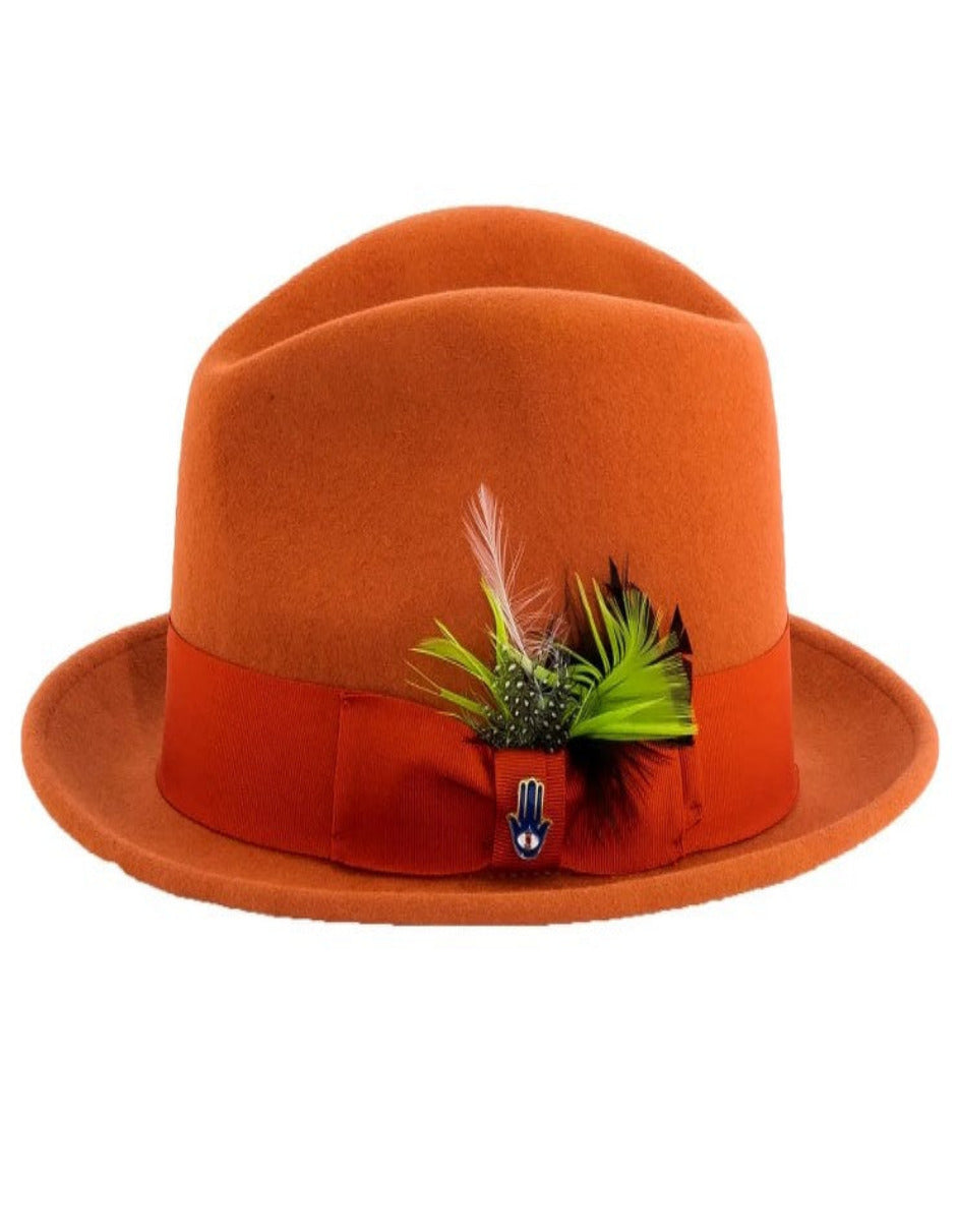 1920s Rust Fedora – Men’s Narrow Brim Crushable Wool Trilby Dress Hat in Orange Rust