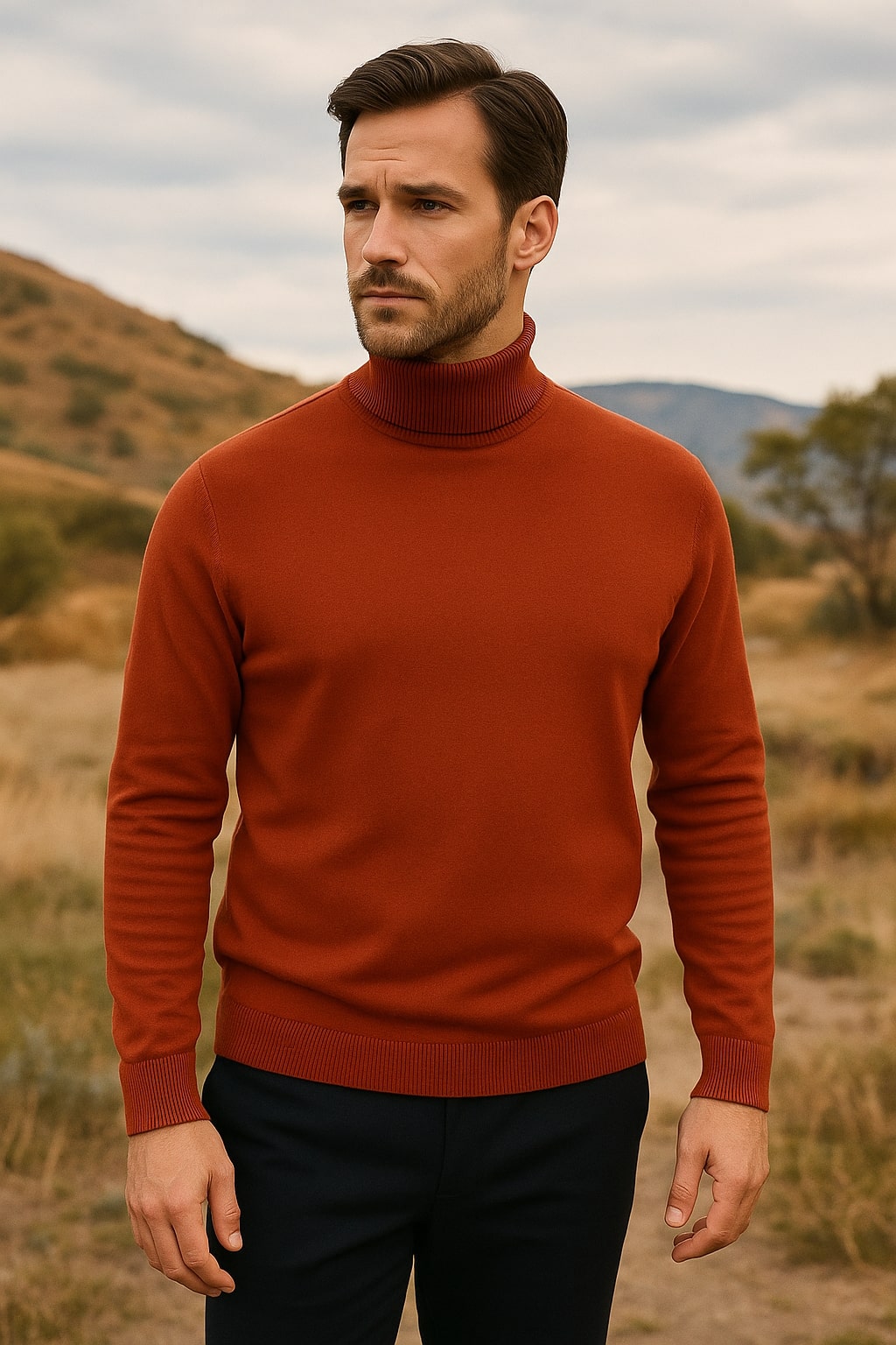 Mens Rust Red Slim Fit Turtleneck Sweater