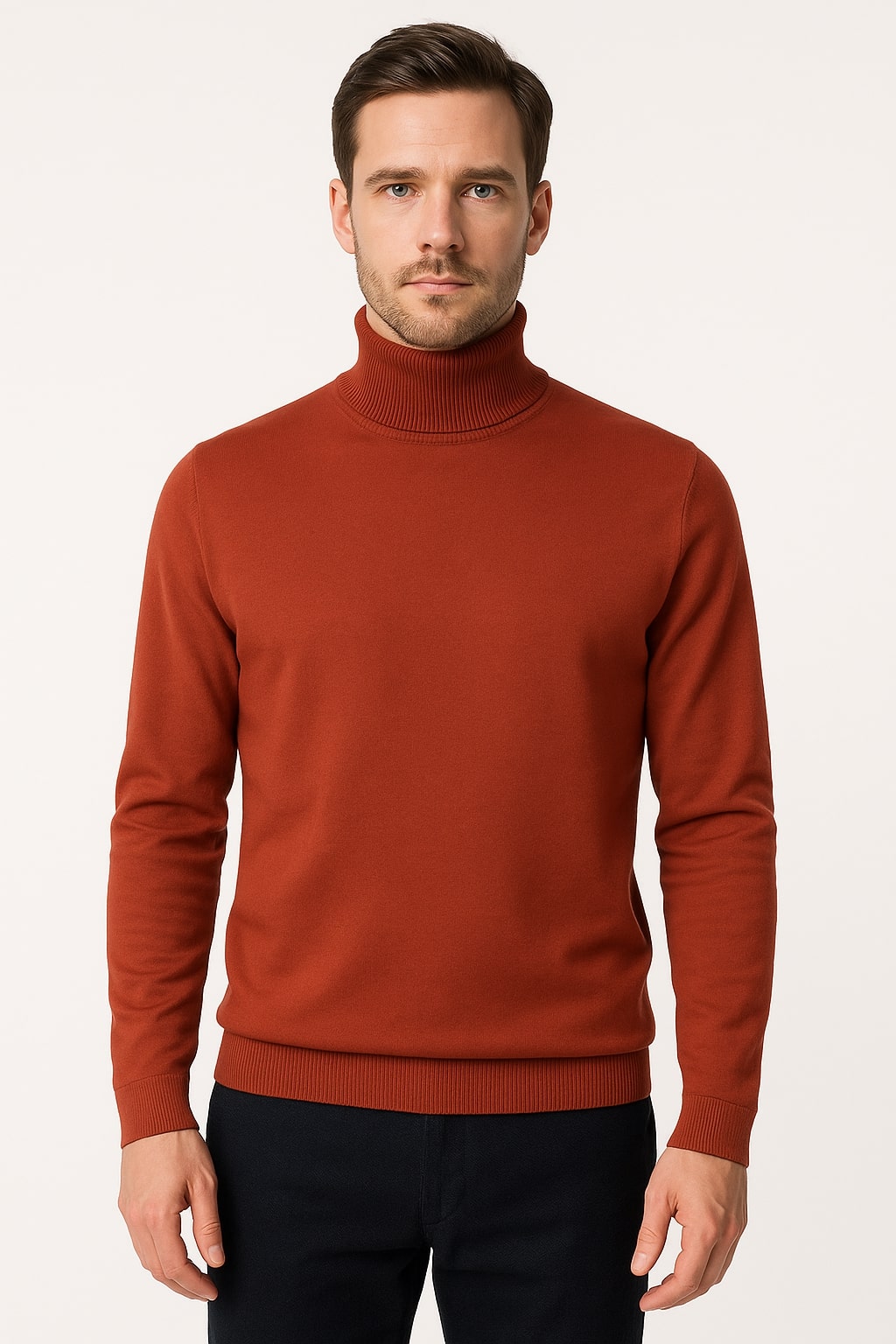 Mens Rust Red Slim Fit Turtleneck Sweater