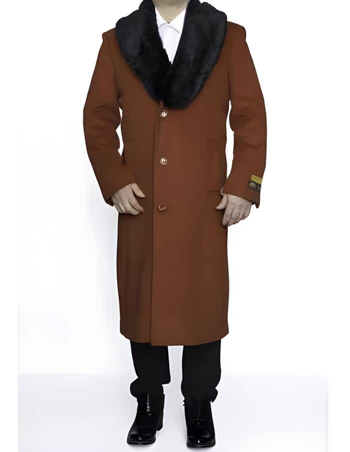 Rust Wool Full Length Men's Overcoat with Fur Collar