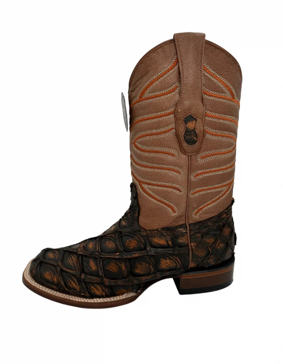 Rustic Cognac Pirarucu Square Toe Boot by Los Altos