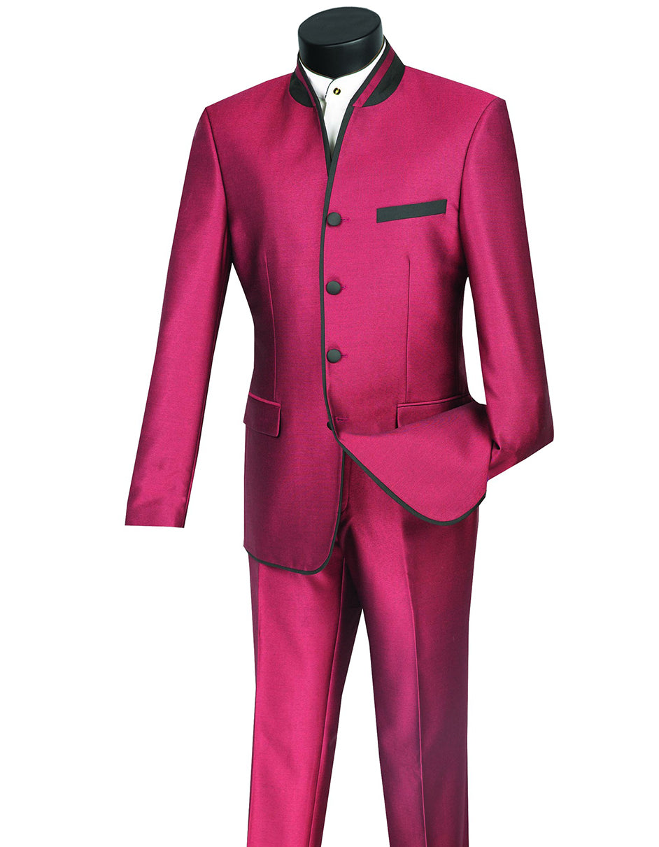 Mandarin 4-Button Sharkskin Tuxedo - Burgundy & Black