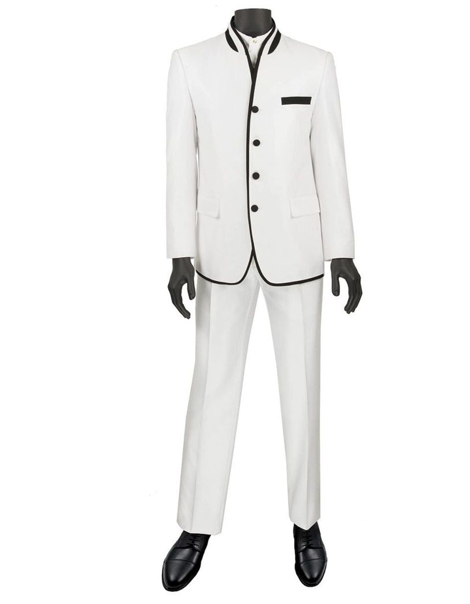4 Button Mandarin Tuxedo Sharkskin White Black Trim