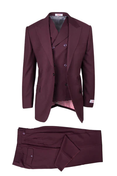 Tiglio Rosso Suit - Classic Fit Athletic Cut 100% Wool Super 150s Italian Fabric Peak Lapel in Color Burgundy