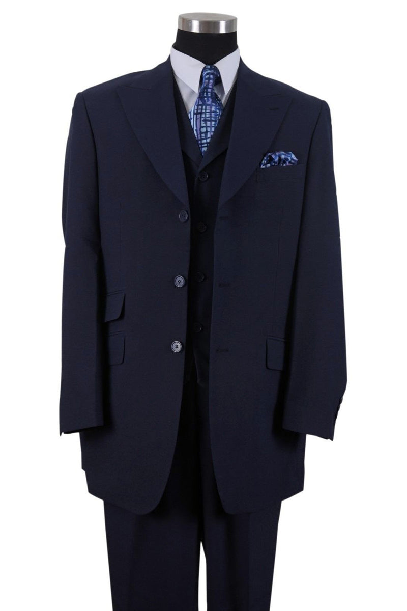 Mens Navy 3 Button Wide Peak Lapel Vested Suit