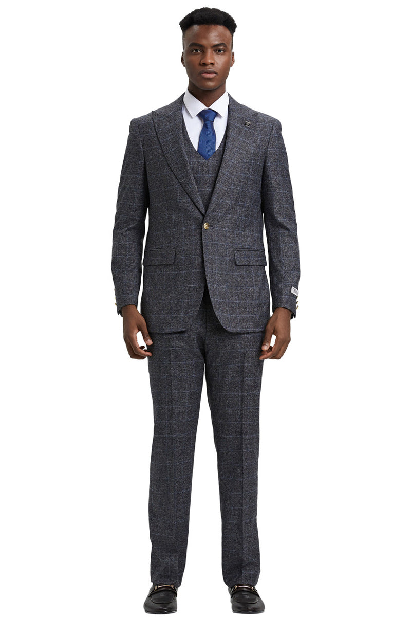Stacy Adams Charcoal Grey Plaid Vested Suit