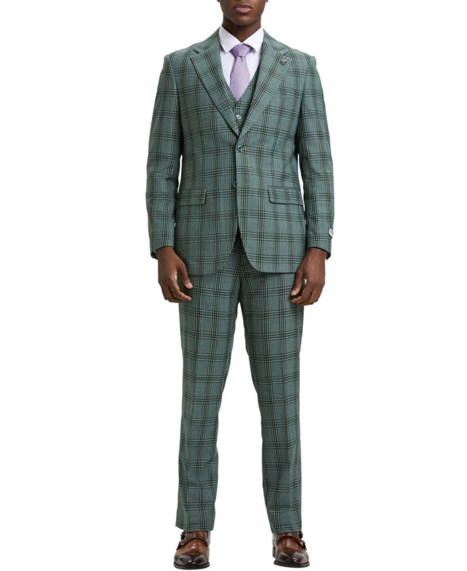 Hybrid Fit Plaid 3 Piece Green Suit by Stacy Adams