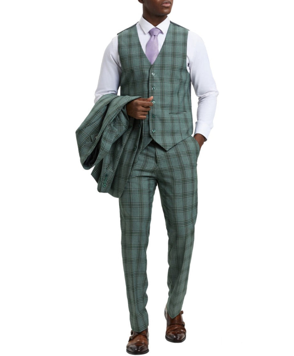 Hybrid Fit Plaid 3 Piece Green Suit by Stacy Adams